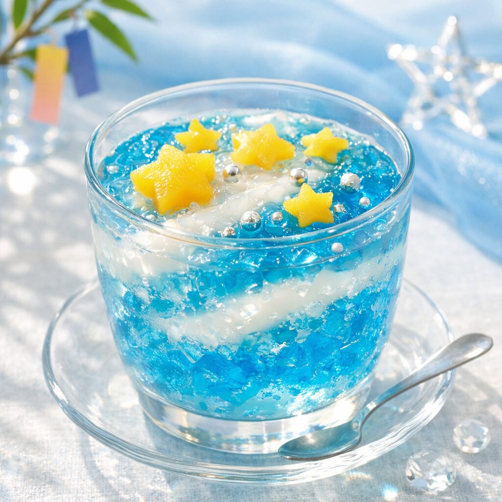 星形の黄桃とアラザンを飾った七夕ゼリー