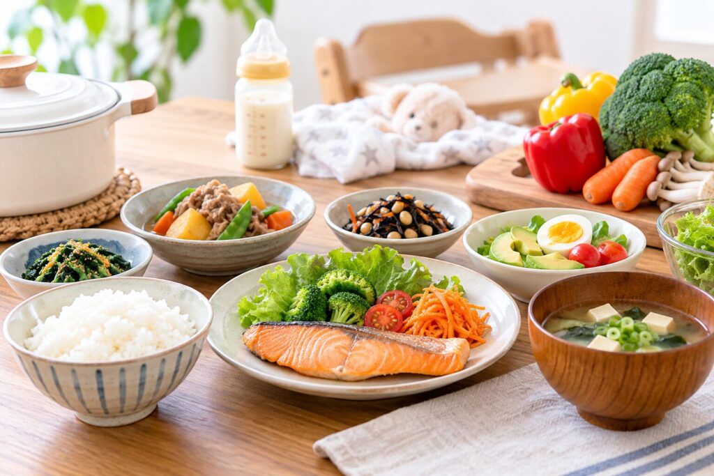 授乳中の一週間献立をイメージした魚や野菜を使った食事