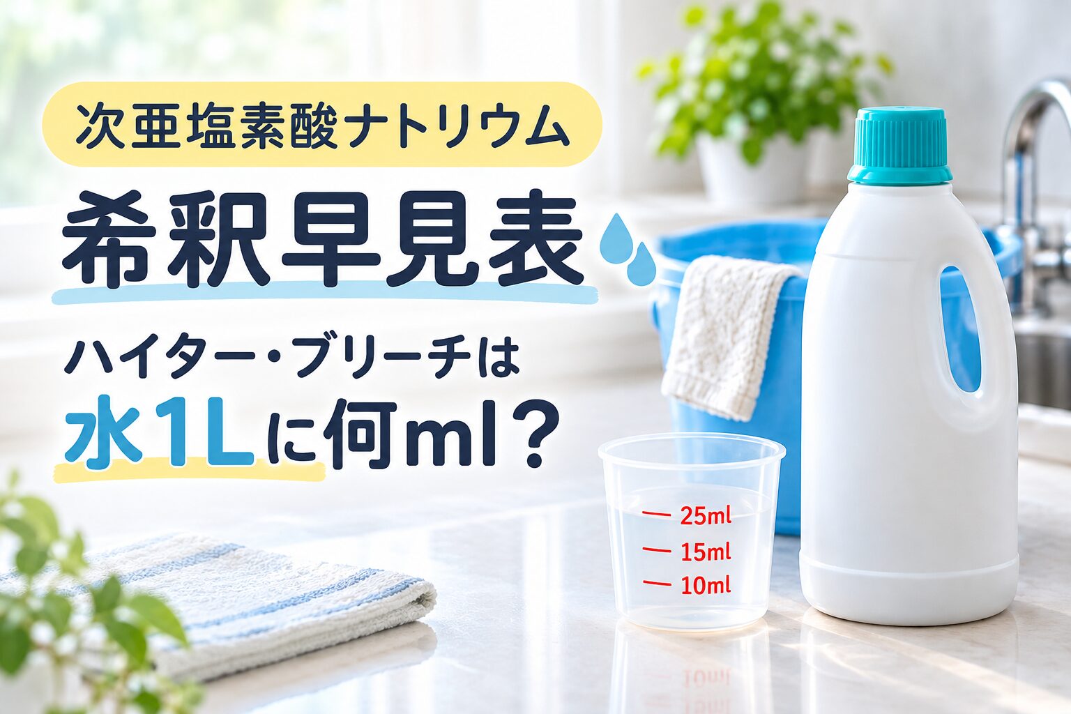 次亜塩素酸ナトリウムの希釈早見表と水1Lに加えるハイター・ブリーチの量